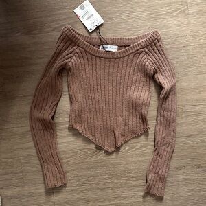Bershka Off-Shoulder Ribbed Sweater - Tan